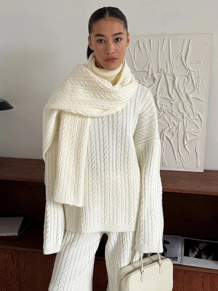 Bornladies Herbst Winter Mode frauen Neue Zopfmuster Pullover Breite Bein Hosen Set Weiche Wolle Mischung Lose Fit High Neck Pullover