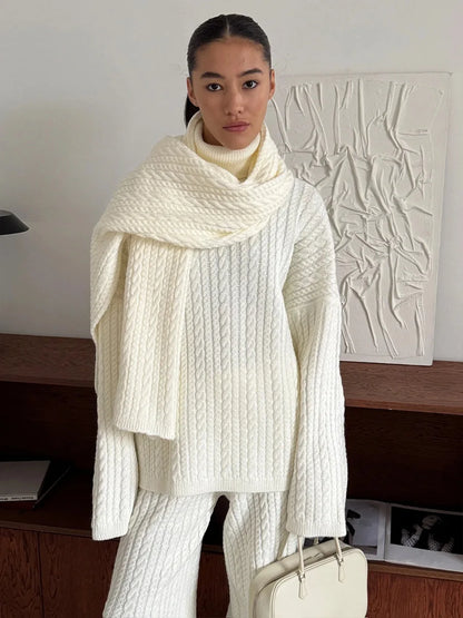 Bornladies Herbst Winter Mode frauen Neue Zopfmuster Pullover Breite Bein Hosen Set Weiche Wolle Mischung Lose Fit High Neck Pullover