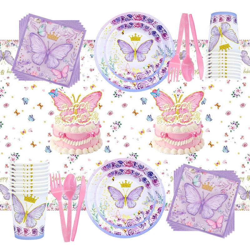Schmetterling Geburtstag Party Dekoration Mädchen Einweg Geschirr Set Pappteller Tasse Ballon Tischdecke Schmetterling Thema Liefert.