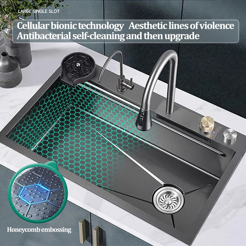 Kitchen Sink 304 Stainless Steel Rain Waterfall Single Trough Honeycomb Large Single Trough Washing Basin
