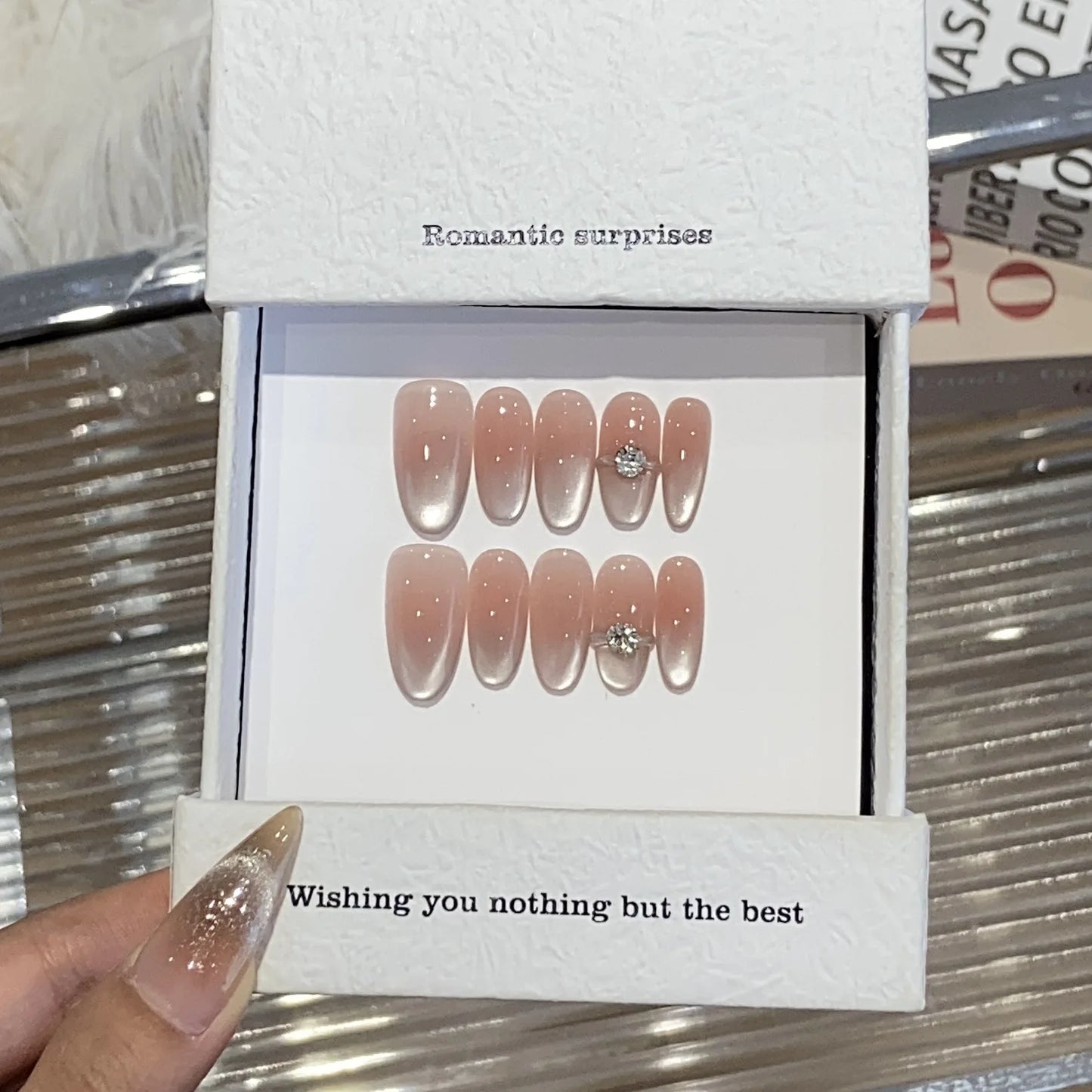 10pc Cat Eye Almond Handmade Press on Nails Light Blue Bow Fake Nails False Nails Artificial Nail Wearable Nail Tips Art Uñas