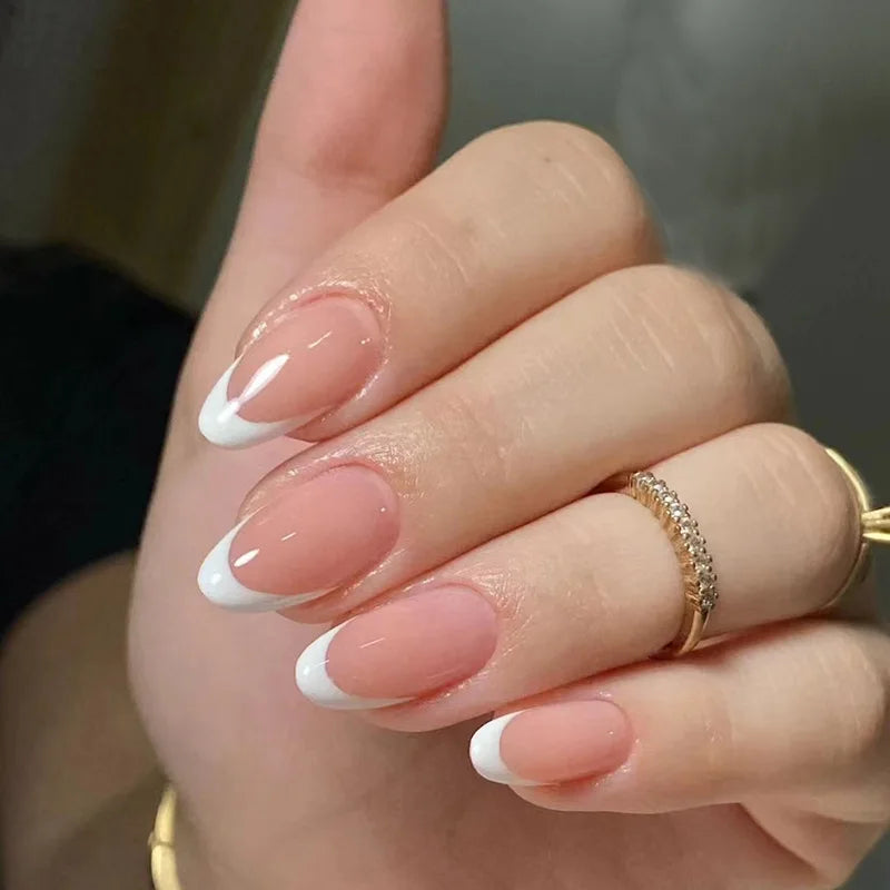24Pcs White Almond False Nails Ballet with French Design Wearable Fake Nails Gradient Simple Full Cover Press on Nail Tips Art