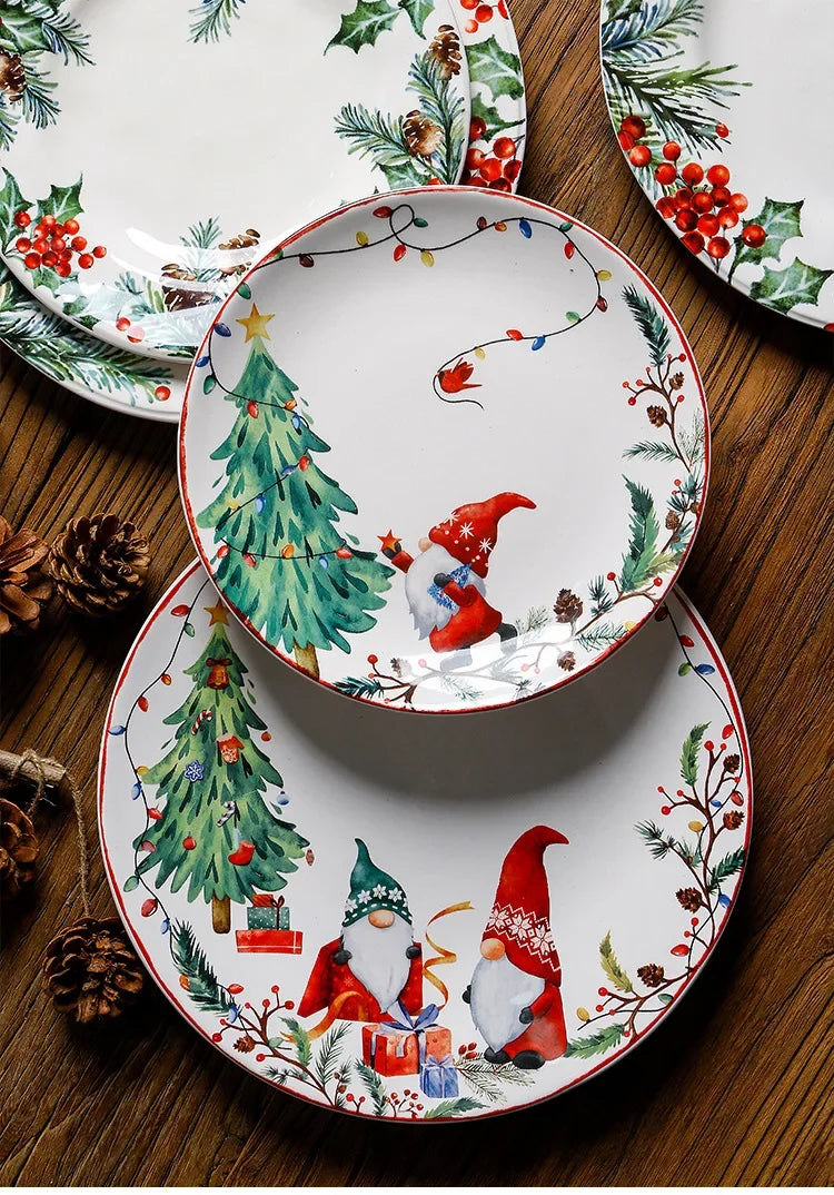 Christmas Ceramic Dinner Plate Set Household Underglaze Flat Round Dim Sum Decorative  Sushi.