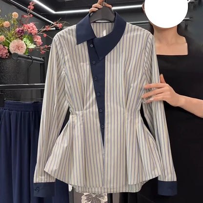 Temperament waist cinching slimming blue striped shirt spring 2025 new fat MM fashion contrasting long sleeved shirt.