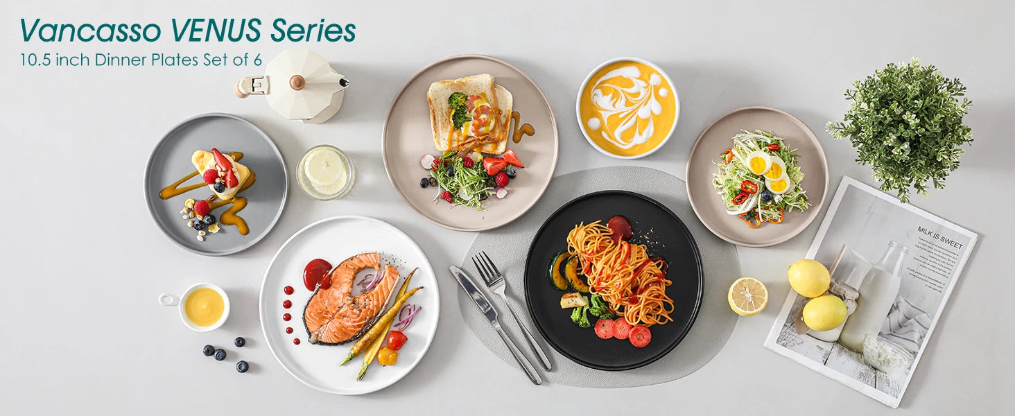 VANCASSO 6Piece Beige/WHITE/BLUE/Dark Blue/GREY/Black Stoneware Tableware Set with Dinner/Dessert Plate/Bowl For 6 Person.