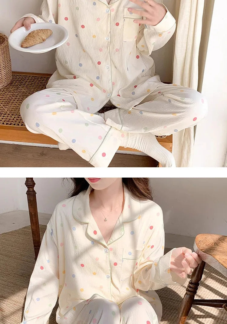 Koreanische Farbige Wavelet Dot Nachtwäsche frauen Herbst Lange Ärmeln Set Kleine Frische Hause Kleidung Lose Internationale Student Pyjama.