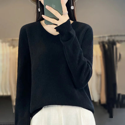 Women 100% Merino Wool Sweater V-Neck Basic Pullover Autumn Winter Cashmere Clothing Long Sleeve Soft Knitwear Tops Solid Color