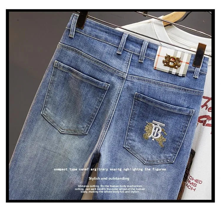 Men's Slim Straight Jeans Fashion Korean winter and Autumn Trousers Comfortable Elastic Blue Fitted Business Casual Denim Pants.