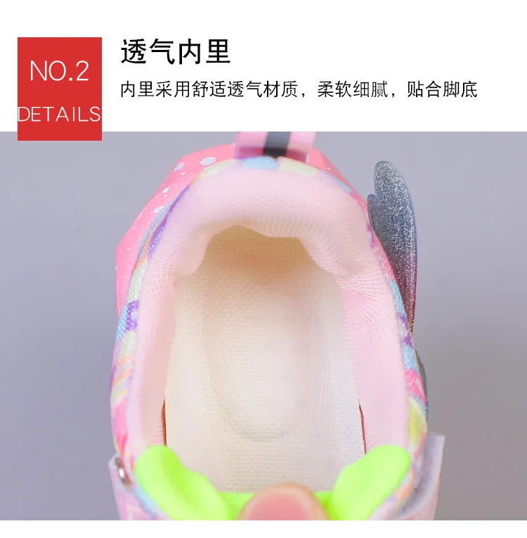 Disney Children's Sports Shoes Led Lights Sneaker Cartoon Frozen Princess  Elsa PU Leather Girls' Pink Children's Running Shoes.