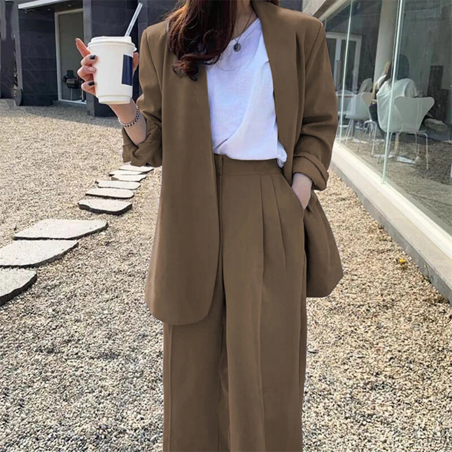 Wide Leg Suit Pants Set Elegant Women Business Suit Set Cardigan Jacket High Waist for Professional Lady Formal Coat Pants Set.