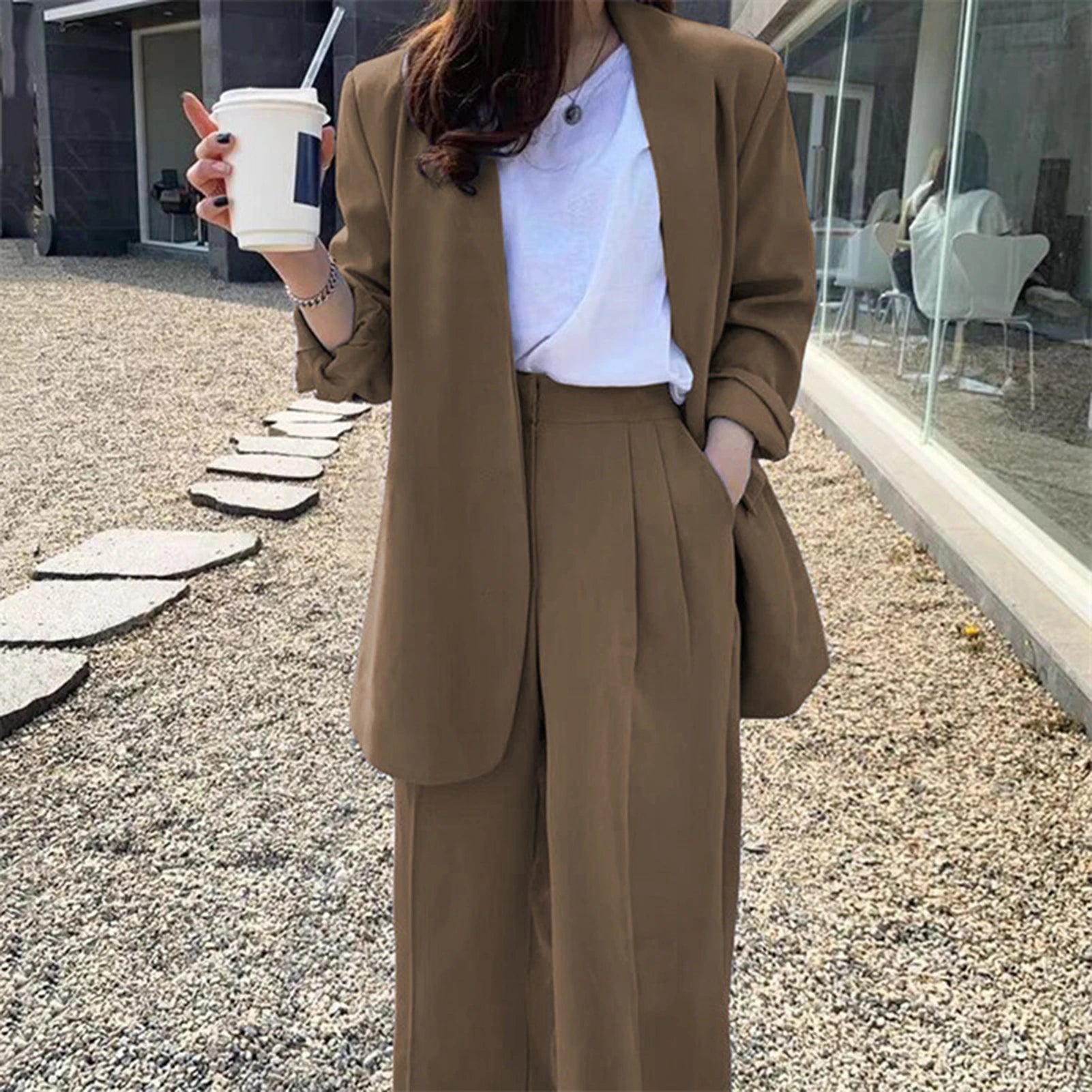 Wide Leg Suit Pants Set Elegant Women Business Suit Set Cardigan Jacket High Waist for Professional Lady Formal Coat Pants Set.
