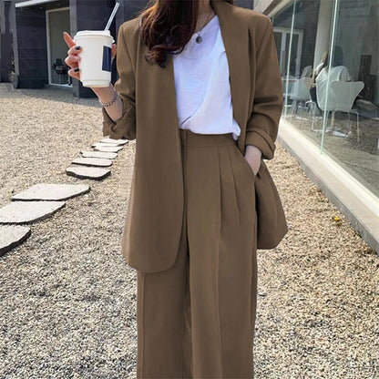 Wide Leg Suit Pants Set Elegant Women Business Suit Set Cardigan Jacket High Waist for Professional Lady Formal Coat Pants Set.