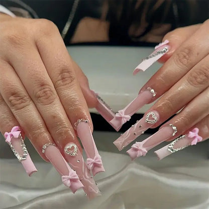 24Pcs Ballet Square Pink Press on Bow Nails 3D Flower with Bandage Design French Nail Tips for Women&Girls Daily,Spring wear.