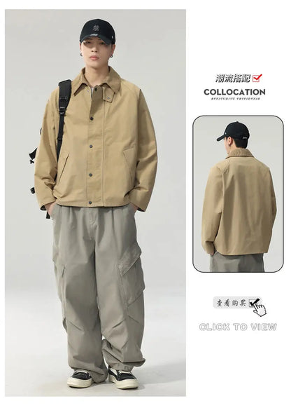 Lapel Jacket Men Spring Autumn Japanese Korean Streetwear Fashion Loose Casual Vintage Cargo Jacket Coat Outerwear.