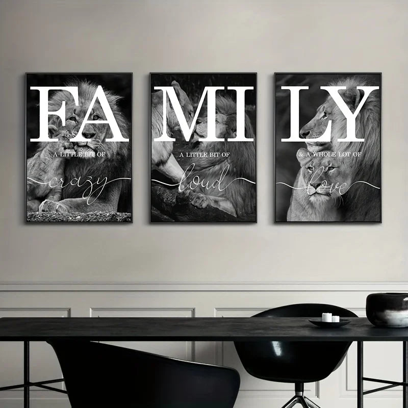 3pcs  Black And White Lion Family Quote Home Signs Canvas Paintings Animal Lion Wall Art Prints And Posters For Living Rooom.