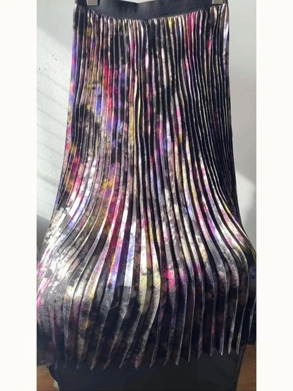Shiny Colorful Luxury High Waist Metallic Pleated Midi Skirt 2025 Fashion Trends Elastic Waistband Pleated Skirt Old Money Style.