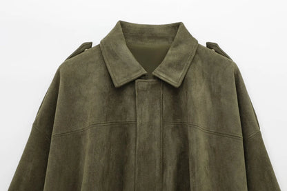 TRAFZA Damen-Jacke mit Wildleder-Textur, High Street, lange Ärmel, Umlegekragen, elastischer Reißverschluss, Knopfleiste, solider, trendiger Frühlingsmantel
