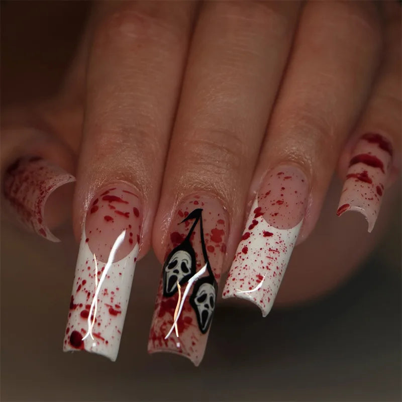 24Pcs Gothic Halloween Press On Nails - Creepy Skeleton Finger Fake Nails, Long Almond Black/White Acrylic False Nails Patches.