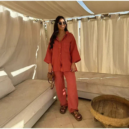 Women Vintage Solid Loose Pants Suit Lapel Single Breasted Long Sleeve Shirt Wide Leg Pants 2 Pcs Set 2025 New Ladies Streetwear.