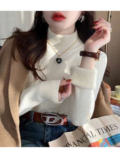 Women's Turtleneck Sweater Winter 2025 Retro with Velvet Lining Thickened Inner Wear Thermal Knitting Bottoming Shirt Pullovers.