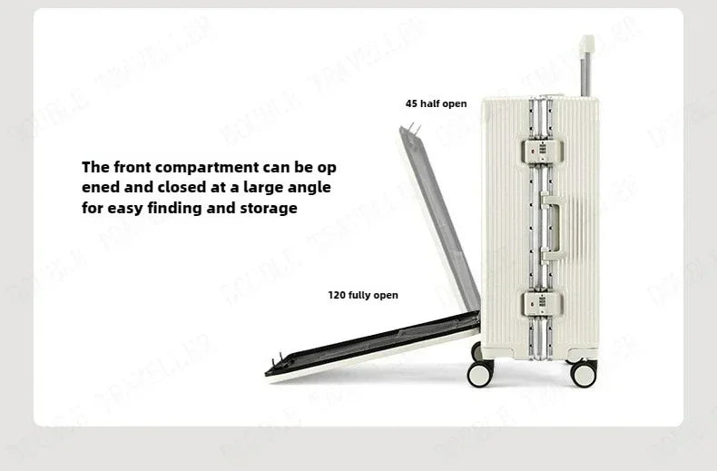 Vorne öffnender Rollgepäckkoffer mit großer Kapazität, Aluminiumrahmen, ABS + PC-Trolley, Koffer, USB-Lade-Boarding-Koffer.
