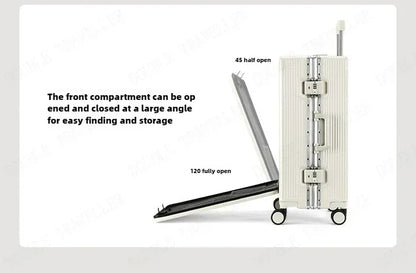Vorne öffnender Rollgepäckkoffer mit großer Kapazität, Aluminiumrahmen, ABS + PC-Trolley, Koffer, USB-Lade-Boarding-Koffer.