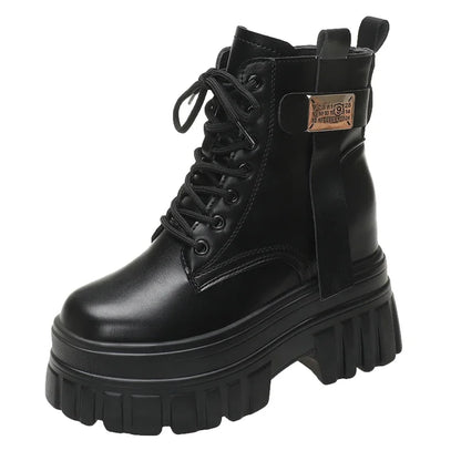 Women's High Platform Motorcycles Boots Winter 10CM Wedge Heels Warm Ankle Boots Chunky Sneakers New Autumn Leather Shoes Woman