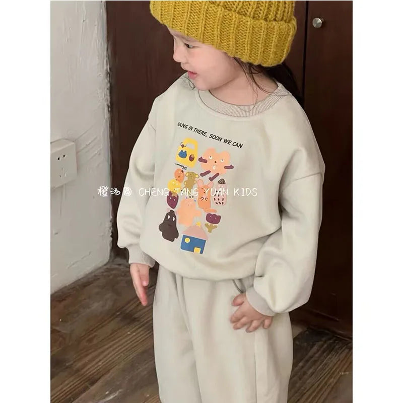 Baby Cute Sets Girls Sports Printing Sweater Sweatpants Suit Autumn New Children's Round Neck Casual Fashion Thin Two-Piece 2-8Y.