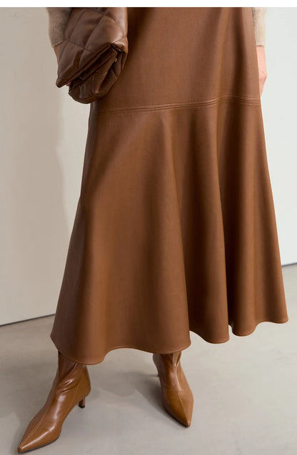AMII Minimalist Elegant Commuter Environmentally Friendly PU Leather Skirt 2024 Winter New Women's Loose A-shaped Skirt 12444181