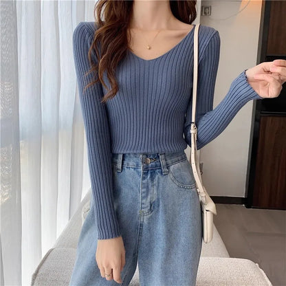 2025 einfarbig Schlank Pullover Koreanische Herbst Winter V-ausschnitt Pullover Mode Lässig Langarm Gestrickte Pullover Frauen Kleidung