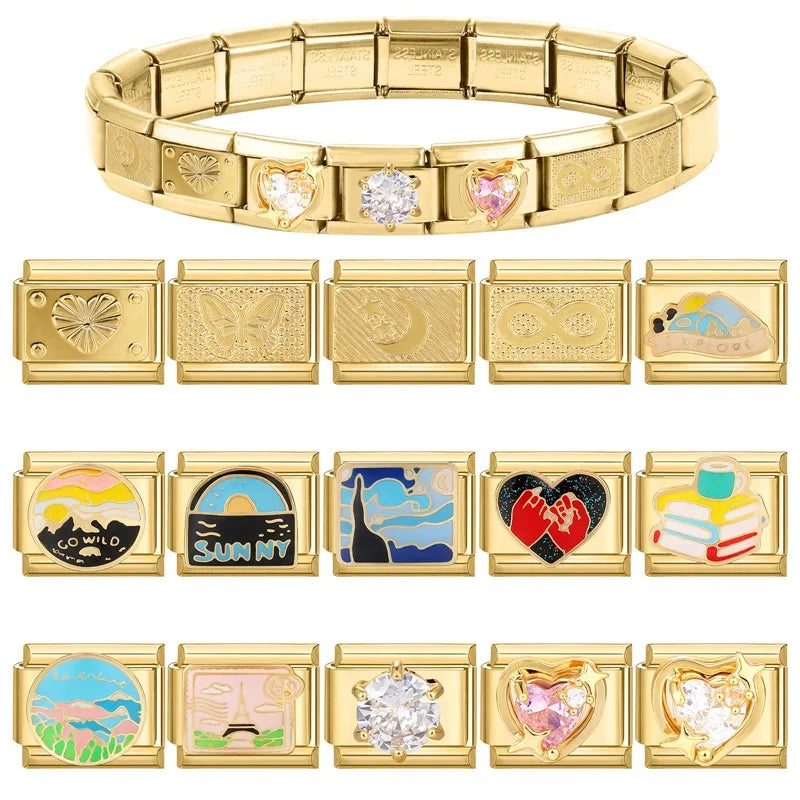 New Fashion 9mm 15 Style Italian Modular Charm Bracelet Fashionable Leisure Holiday Scenery Literary Modular Elastic Bracelet.