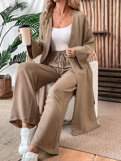 Clothes Autumn open-collar Solid Color Long Loose Top + Drawstring Wide-leg Trousers Trajes De Mujer Conjunto 2 Piezas Elegantes.