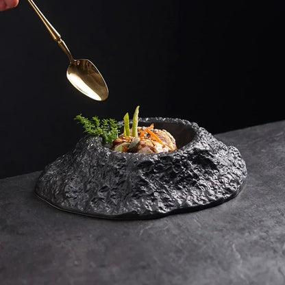 Volcano-shaped Black Deep Plate Creative Irregular Ceramic Tableware in Restaurant French Special-shaped Soup Plate Swing Plate.