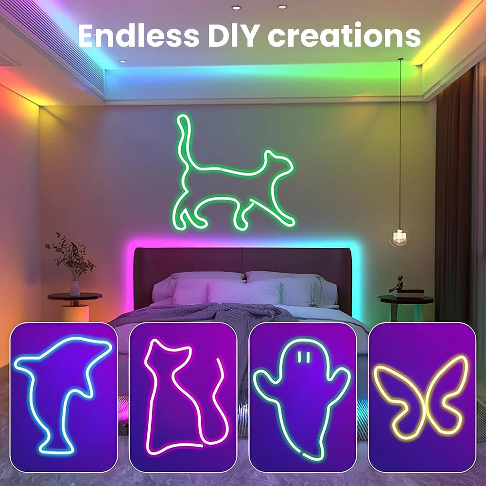 LED-Neon-Lichterkette mit App/Fernbedienung, 24 V, Musik-Synchronisierung, wasserdicht, flexibel, DIY-Design, RGB-Streifenlichter für Schlafzimmerparty.