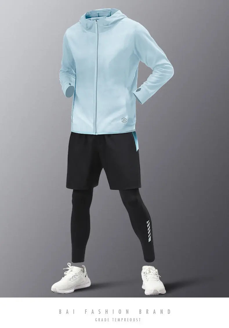 5pcs Men's Lightweight Summer Ice Silk Athletic Set Quick-Dry Running Clothes Outdoor Kit Cycling Fitness Men's Sportswear Set.