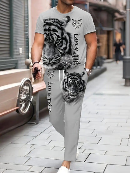 Fashionable summer men's new creative lion print soft and breathable round neck T-shirt pants set outdoor street style clothing.