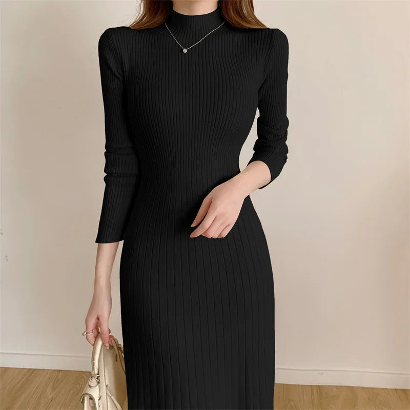 Herbst Winter 2023 Schlank Langarm Party Midi Kleid für Frauen Gestrickte Halb Hohen Kragen Elegante Gestrickte Pullover Kleider Damen