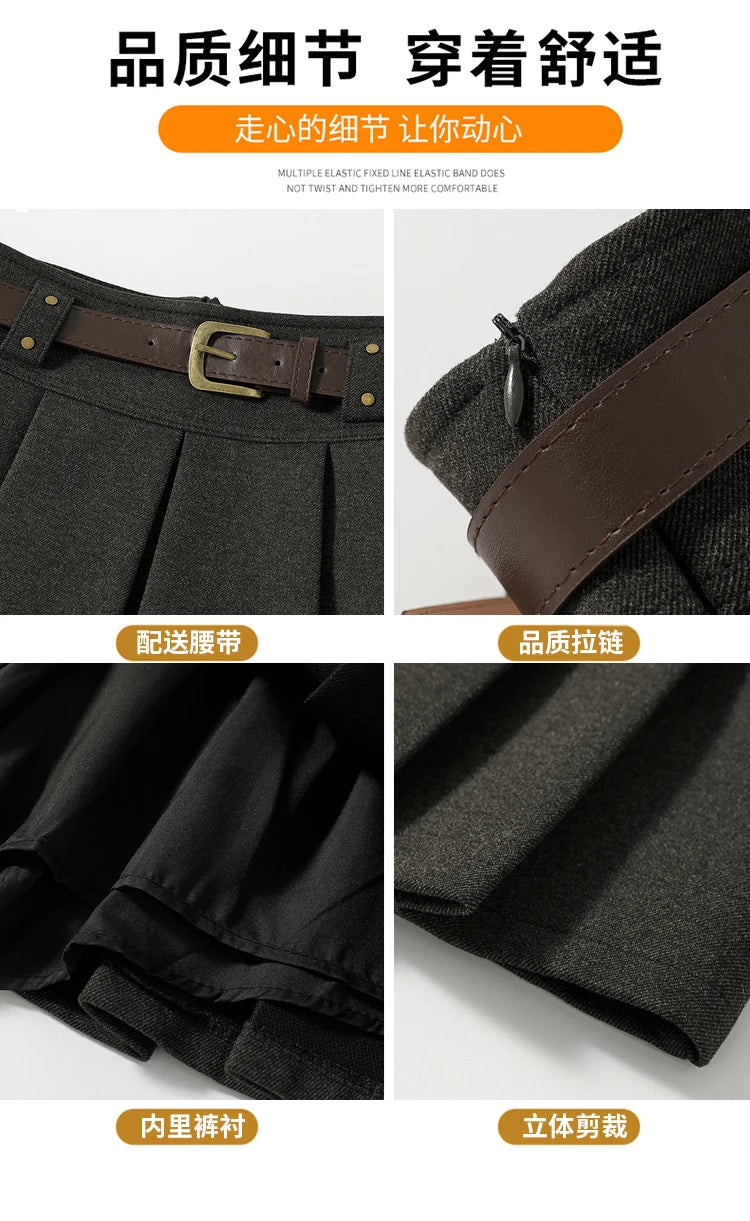 Preppy Style Coffee Woolen Skirt for Women Autumn Winter 2025 Chic High-waisted Mini Skirt Female Korean Thick Outwear Faldas.