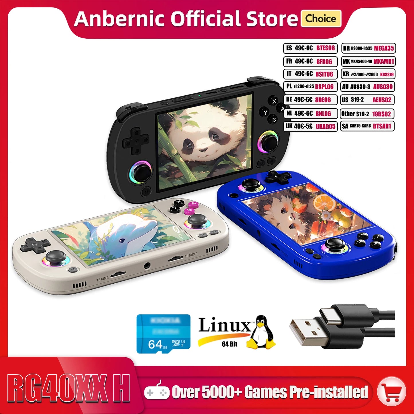 ANBERNIC RG40XX H Handheld Game Console 4.0-in 640*480 IPS Screen 3200mAh 64 Bit System With RGB Light Built in 5K+Games RG40XXH.