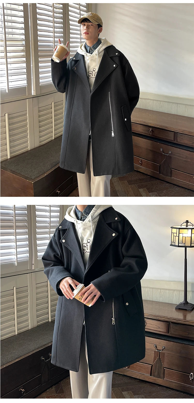 Winter Fashion Woolen Dust Coats Men Zipper Decor High Quality Korean Style Loose Casual Windbreaker Men's Thick Warm Trenchcoat.