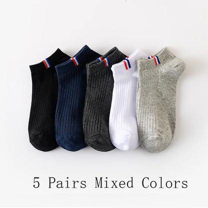 5 Pairs Of Thin Summer Blending Boat Socks Plain Color Mens Casual Socks Breathable Sweat Absorbing Calibration Socks.