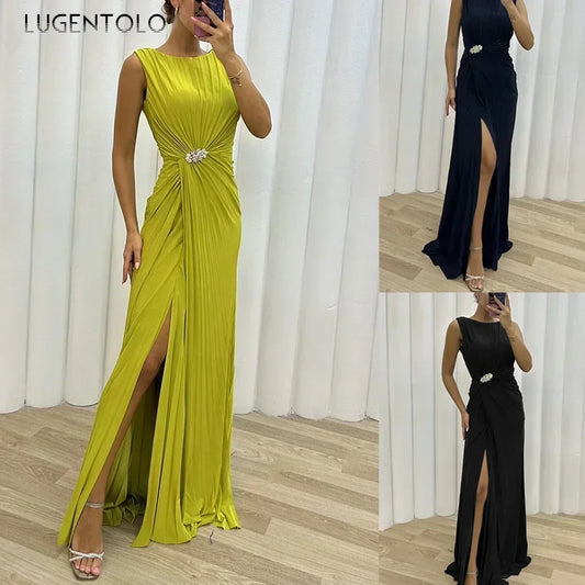 Frauen sexy Kleid neue ärmellose feste Party schlanke Empire Split weibliche elegante Rundhals Mode lange Kleidung.