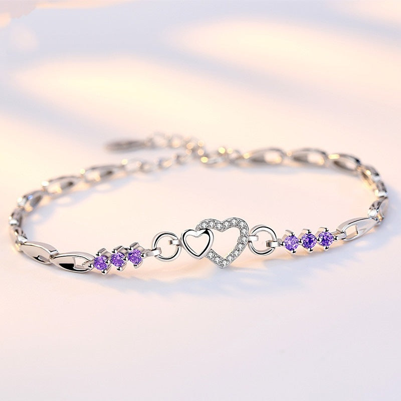 New 925 Sterling Silver Bracelet Purple Crystal Zircon Heart For Woman Charm Bracelet Jewelry Gift.
