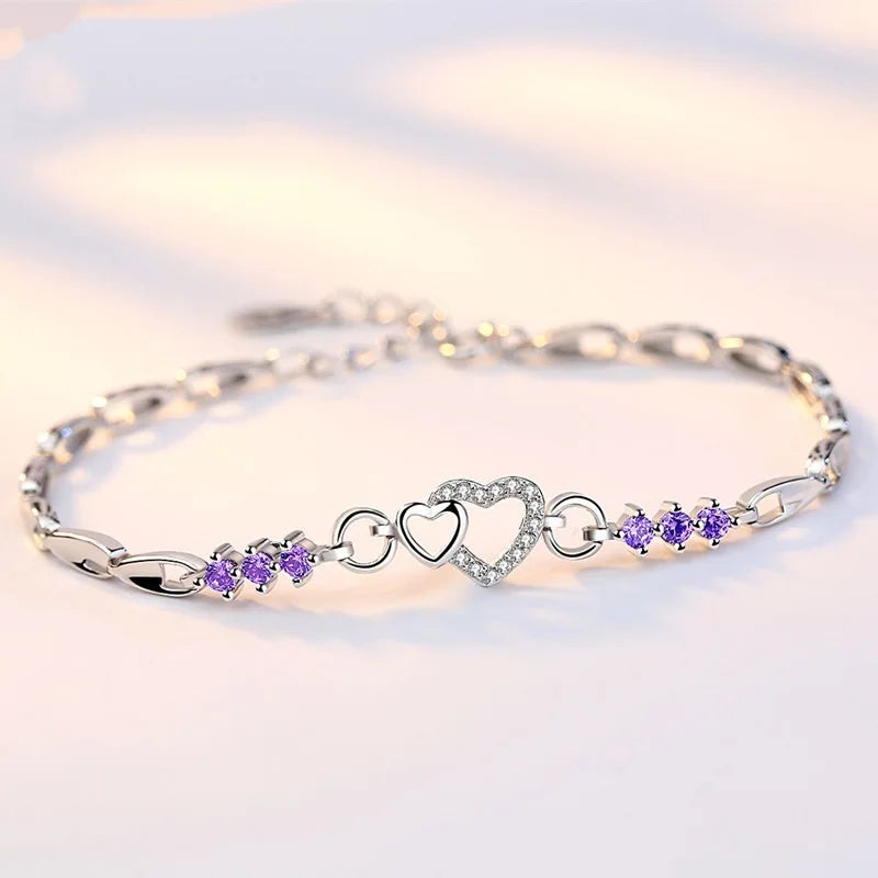 New 925 Sterling Silver Bracelet Purple Crystal Zircon Heart For Woman Charm Bracelet Jewelry Gift.