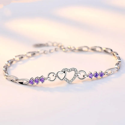 New 925 Sterling Silver Bracelet Purple Crystal Zircon Heart For Woman Charm Bracelet Jewelry Gift.
