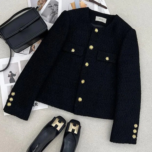 Schwarz Tweed Jacken Frauen Koreanische Mode Metall Schnalle Design Kurze Mäntel Frau Herbst Winter Einreiher Oansatz Oberbekleidung