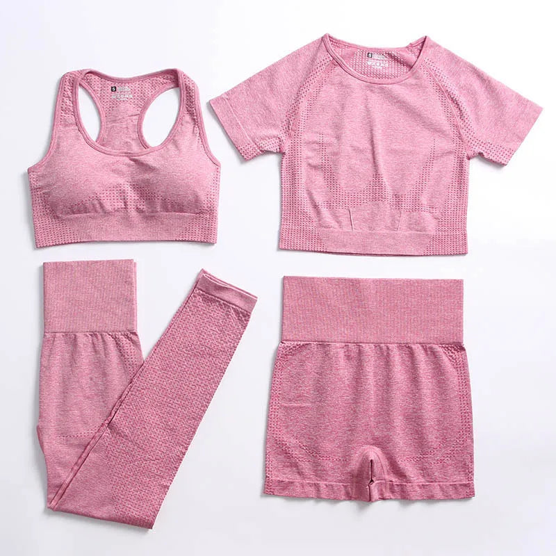 2/4PCS Summer Seamless Yoga Set Women Workout Clothes Sports Bra Short Sleeve Crop Top High Waist Legging Fitness Sports Suits