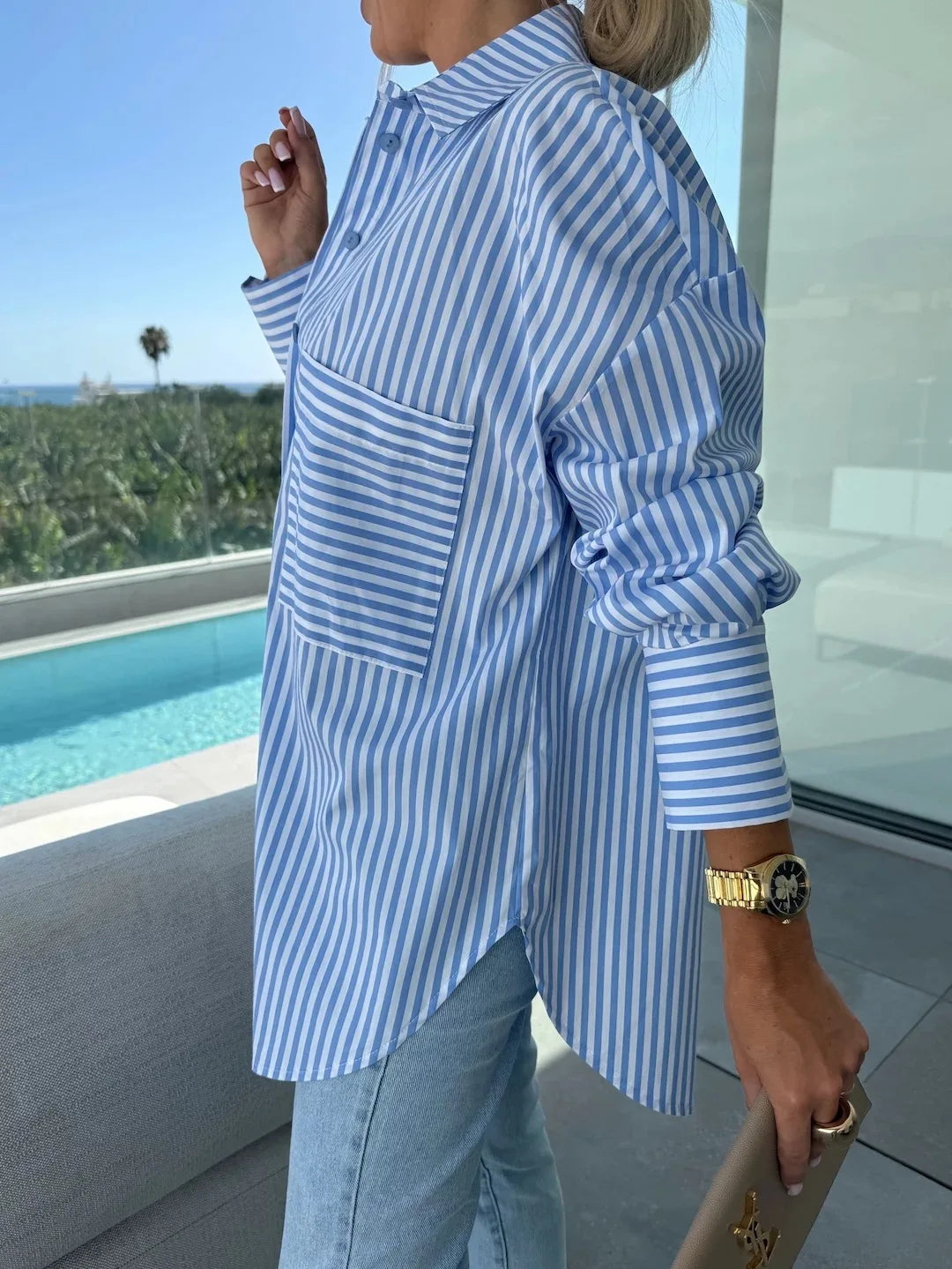 2025 New Women's Shirt Long Sleeve Striped Pocket Button Blue Casual Loose Top Street Office Pink Blouses.