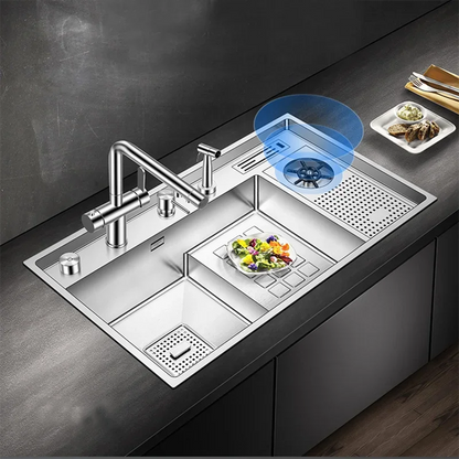 Large Size Nano Meter Cup Rinser Stepped Kitchen Sink 304 Stainless Steel 4mm Thickness Handmade Sinks With Knife Holder