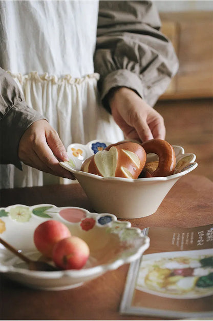 Floral Embossed Rim Soup Dessert Plate - Elegant Ceramic Appetizer Dish for Breakfast, Cafe Dining, Home Kitchen Tableware Set